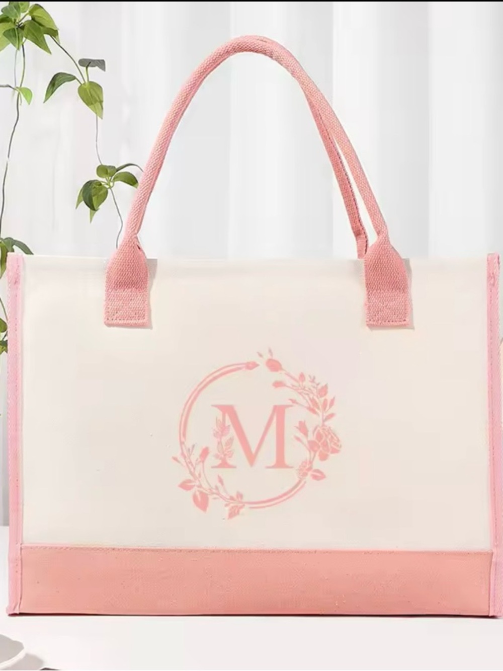 Monogram Pink Cream Tote Bag - Floral 'M' Design